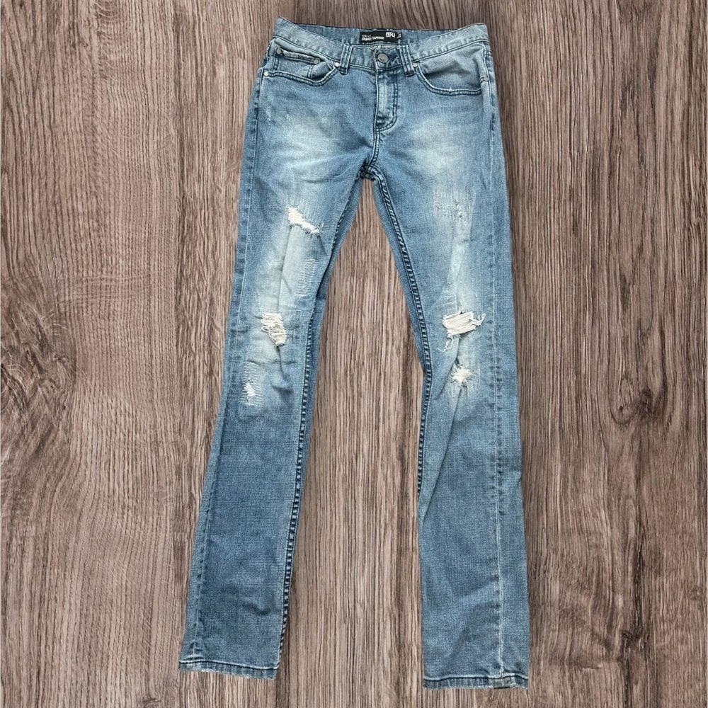 RSQ Seattle Skinny Tapered Jeans 30x34 Men Blue Distressed Ripped Skater Denim